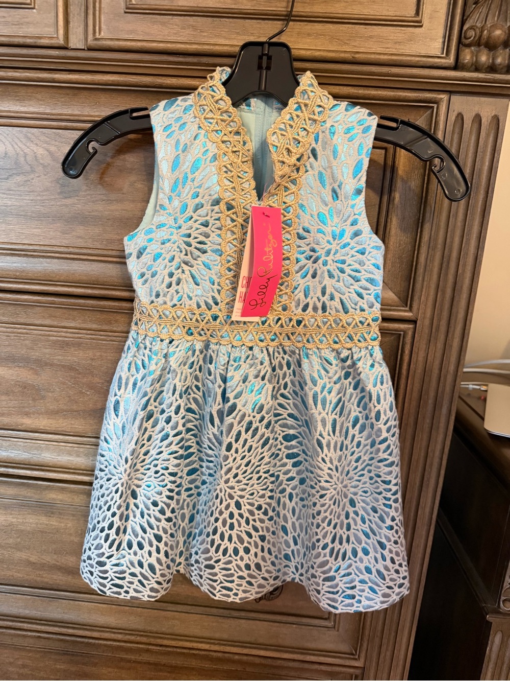 Lilly Pulitzer Blue and Gold Floral Cutout Lace Fit-and-Flare Dress